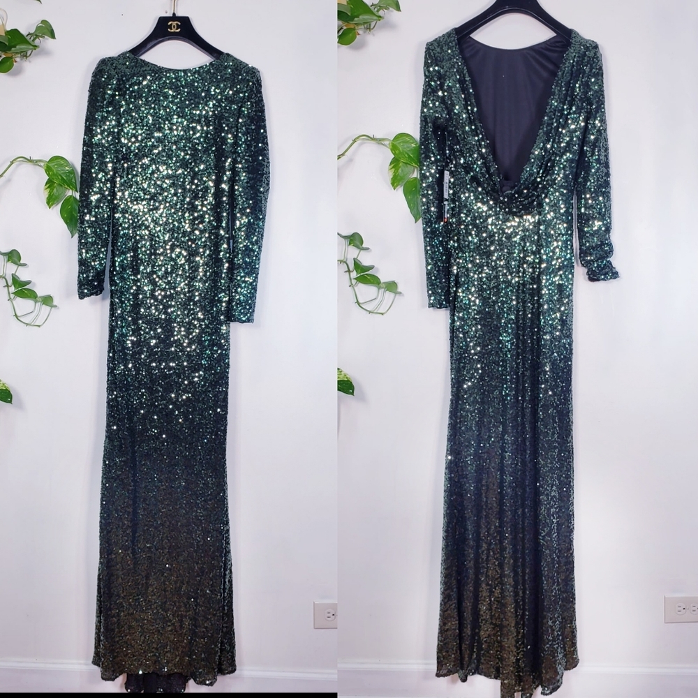 $895 NWT BADGLEY MISCHKA Emerald Green Maxi Long Gown 4 SMALL Sequin Long sleeve - Picture 3 of 10